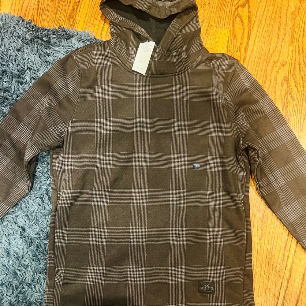 Hollister Black and Brown Plaid Hoodie